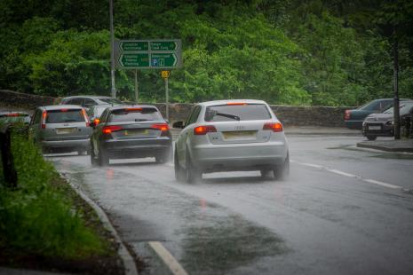 Cars in rain on A470/ A5 Betws y Coed