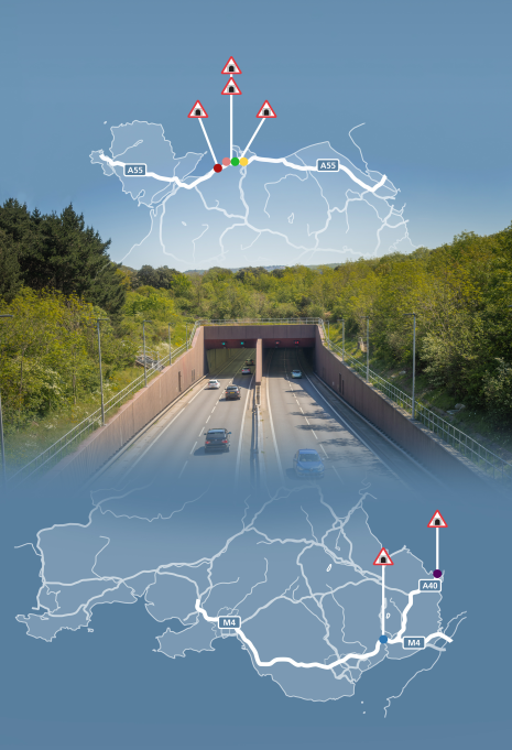 Welsh tunnel map showing A55, M4 and A40 tunnels